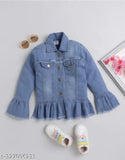 A pair of sunglasses with a frame resting on top, positioned beside a jean jacket with blue wash and ruffled edges