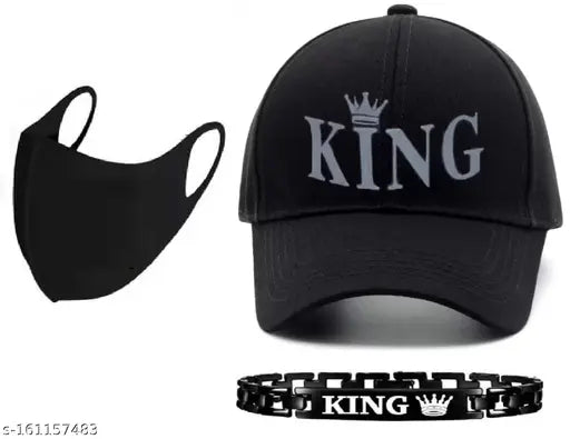 3D RUBBER PRINTED KING, ADJUSTABLE SPOTS BASE BALL CAP & BLACK POLLUTION MASK & king bracelet FOR MEN AND BOYS.