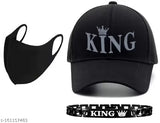 3D RUBBER PRINTED KING, ADJUSTABLE SPOTS BASE BALL CAP & BLACK POLLUTION MASK & king bracelet FOR MEN AND BOYS.