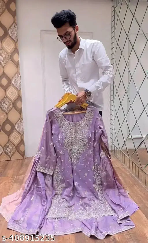 Purple silk top and plazzo with sequined details, designer wear for party or wedding