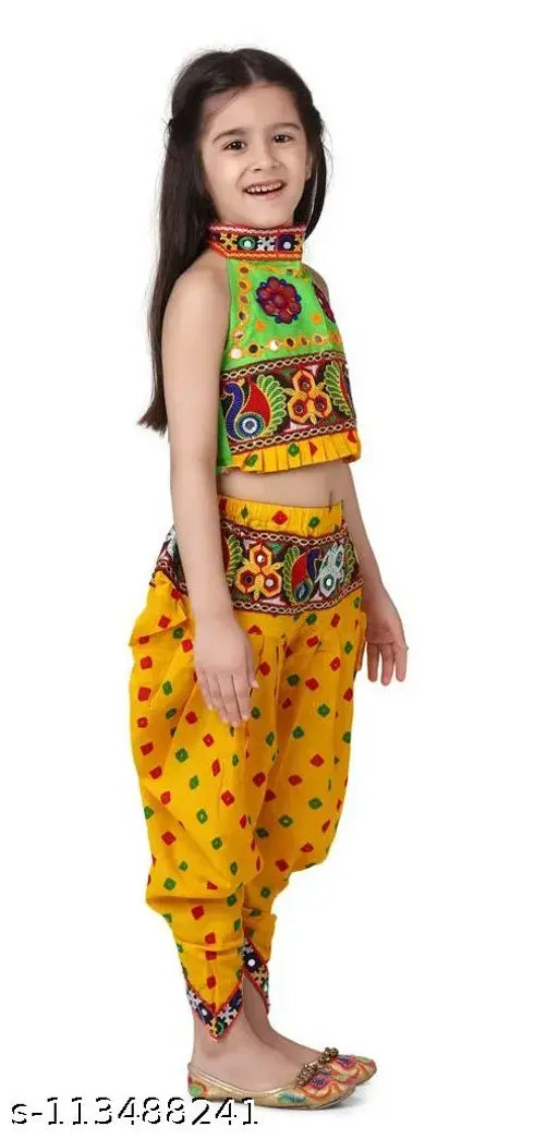 Yellow cotton halter neck choli with dhoti, embroidered Bandhani style for traditional Indian events like Diwali or Navratri, kid's size 4-5 years (waist: 26in, length: 23in)