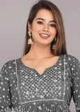 Stylish grey rayon gown with three-quarter sleeves and printed combo for women, S to XL sizes available