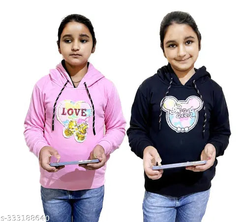 Cute kids girls winter fleece sweatshirt hdy Combo2, long sleeve cotton sweatshood with printed design. Soft, breathable, and healthy fabric for comfort in cold weather. Available in various sizes (3-4yrs to 10-11yrs). Made in India
