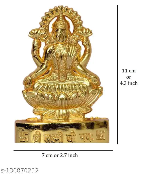 Metal gold-plated Lord Lakshmi & Kuber Brass idol statue, spiritual showpiece for car dashboard or Pooja Ghar. Perfect gifting option, made in India, dimensions: 7cm (L) x 11cm (H)