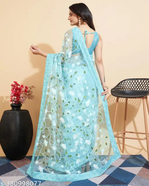 Embroidered net saree with solid Bangalori silk blouse, Indian handcrafted Vaamika14 traditional attire