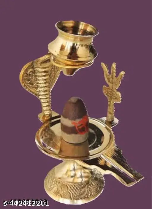 Golden brass Narmadeshwar Shivling with trishul and temple stand for Jal Abhishek Kalash