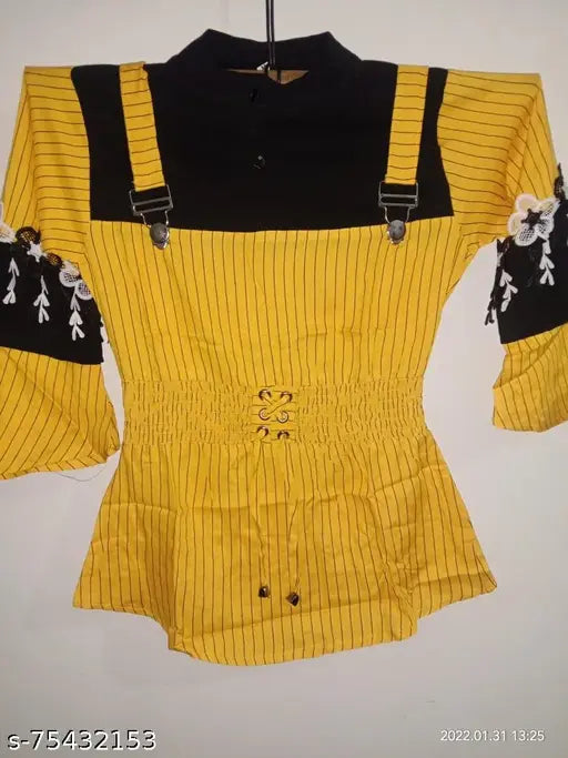 Black and yellow printed cotton silk short sleeve woman's top from India