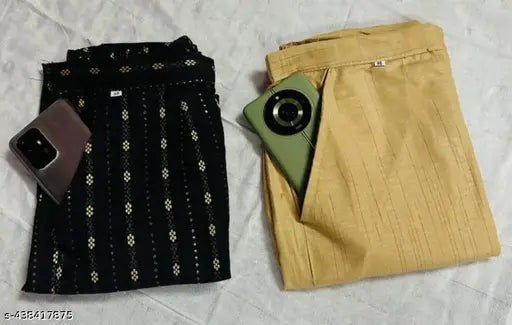 Women's black jacquard trousers with matching shorts and clutch in a satin finish, packaged together in an attractive set