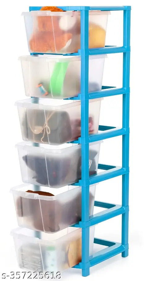 Blue plastic drawer organizer for store clothes, toys, books, shoes etc., fits 6x larger items, on display stand
