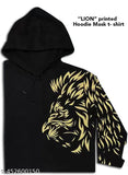 Mens cotton blend hooded lion printed t-shirt with mask, long sleeves, available in sizes S to XXL. Hoodie mask t-shirt featuring a bold lion print design on Indian made apparel