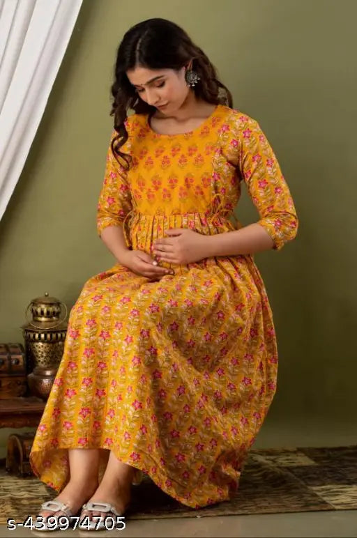 Rayon maternity gown with two side zip, three-quarter sleeves, printed combo, anarkali fit - women's A-line kurti for maternity wear, M to XXXL