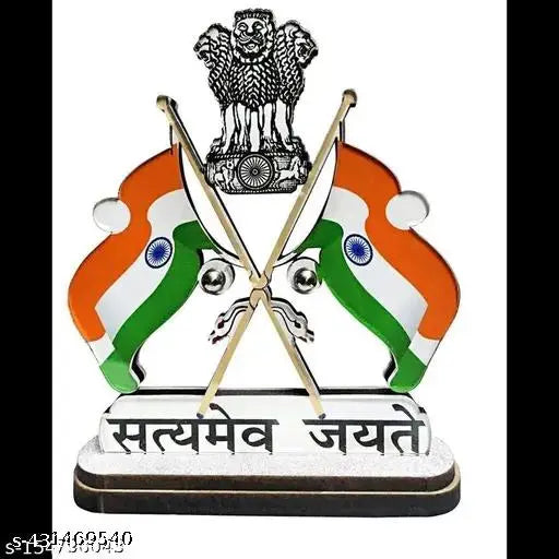 Indian National Flag with Satyamev Jayate Symbol for Car Dashboard - Patriotic car art, metal stand, celebrates national pride and truth