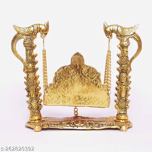 Gold metal Krishna Jhula decorative showpiece, intricately designed idol swing for home, office or temple, dimensions L-B-H: 17x9x17 cm