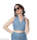 Denim halter neck crop top, sleeveless solid denim, contrast stitch detailing - India