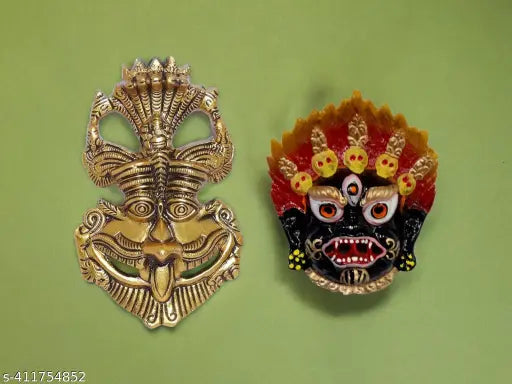Handcrafted antique finish golden collectible Nazarbattu Meenakari oxidized white metal Kirtimukha figurine for evil eye protection - Indian decor art for home and offices