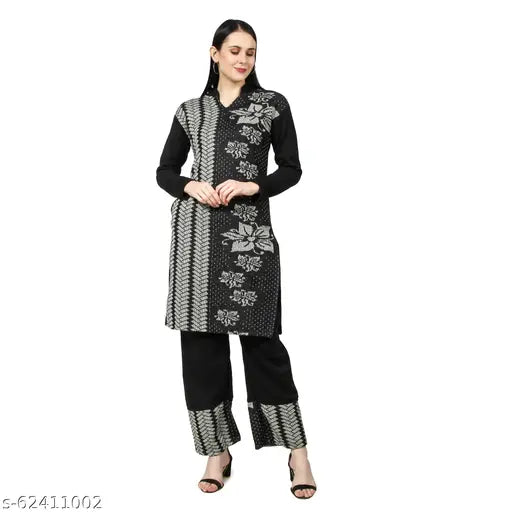 Black woolen A-line woven kurta with palazzo pants, women's fashionable woven design outfit in single size M or L, made in India