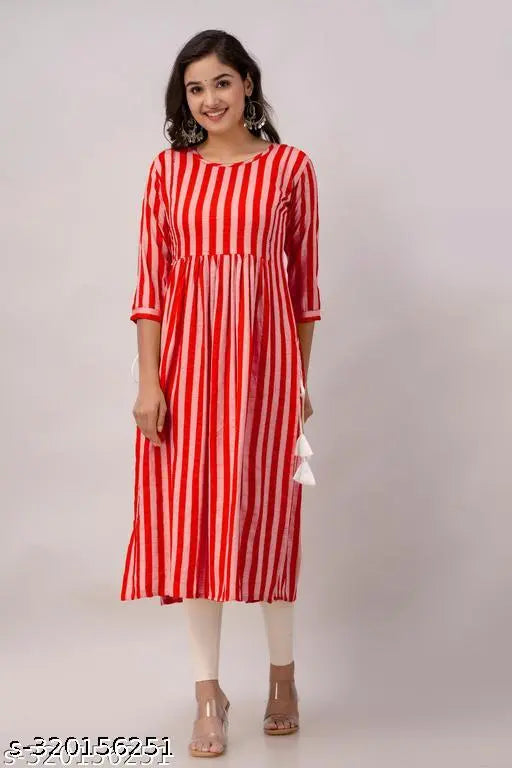 Red striped printed rayon kurti (A line), three-quarter sleeves, festive party wear, India origin