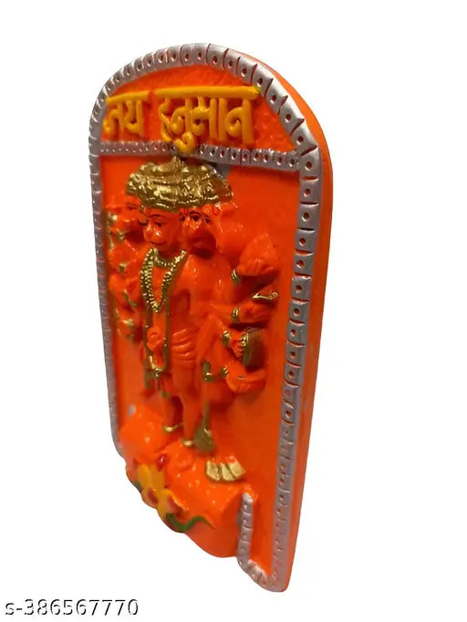 Ornate orange polyresin Panchmukhi Hanuman door plate, 16cm, Indian spiritual home decor