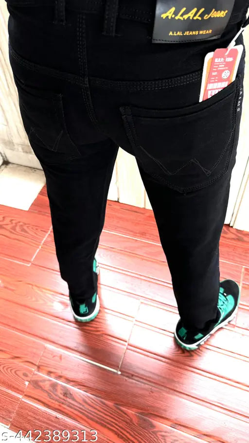 Comfortable trendy slim fit stretch denim jeans for men, dyed/washed, light weight, length around 39 inches. Different colors available, suitable for heights up to 6 feet (sizes: 26, 28, 30, 32, 34, 36). Made in India
