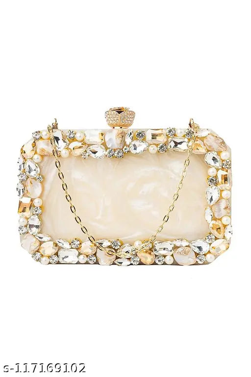 Handicraft clutch purse with pearls and gold accents, featuring multiple zippered compartments