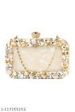 Handicraft clutch purse with pearls and gold accents, featuring multiple zippered compartments