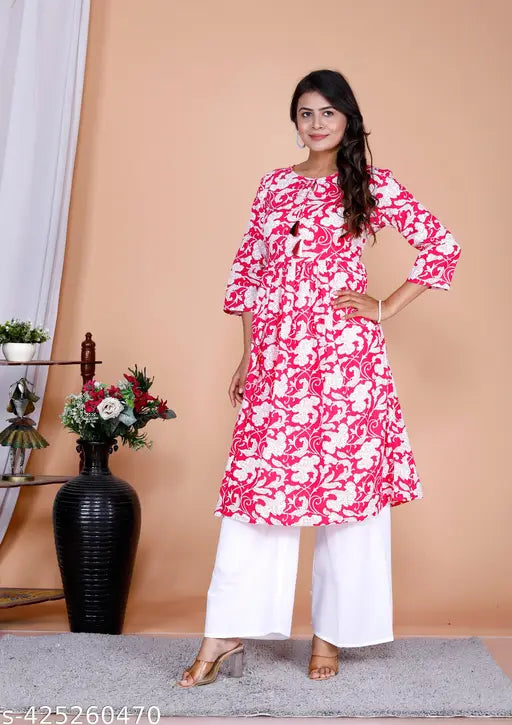 Pink cotton blend Anarkali kurtas & palazzos, Indian printed net pattern, three-quarter sleeves