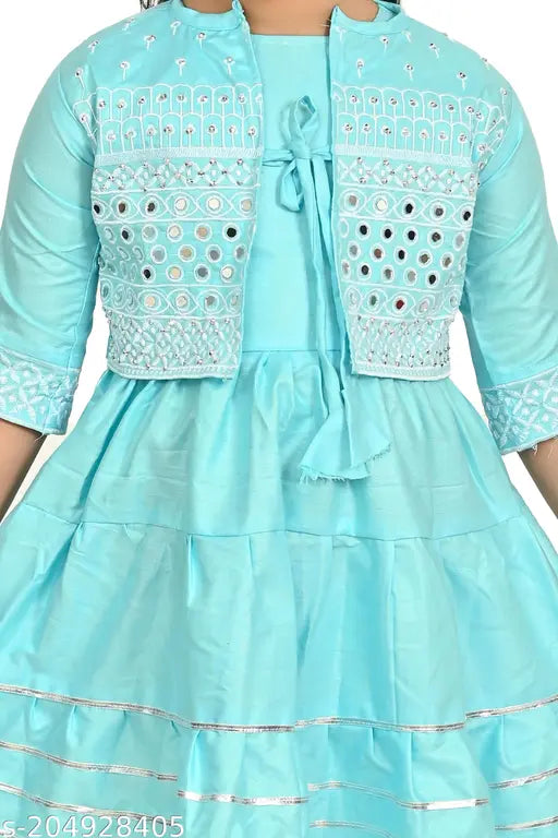 Sky blue cotton anarkali churidar set with jacket - sleeveless frock and dupatta for girls (pack of 1)