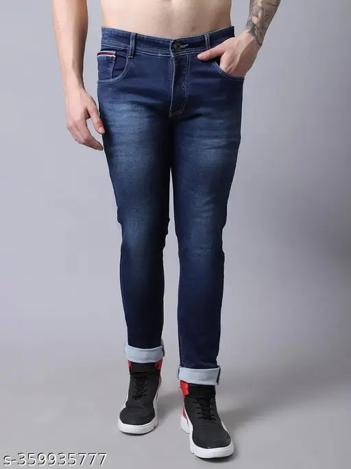 Men's solid dark blue jeans with elastic waistband