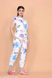 White cotton blend floral print nightsuit set for women, perfect for transitional styles from day to night. Indian-made quality