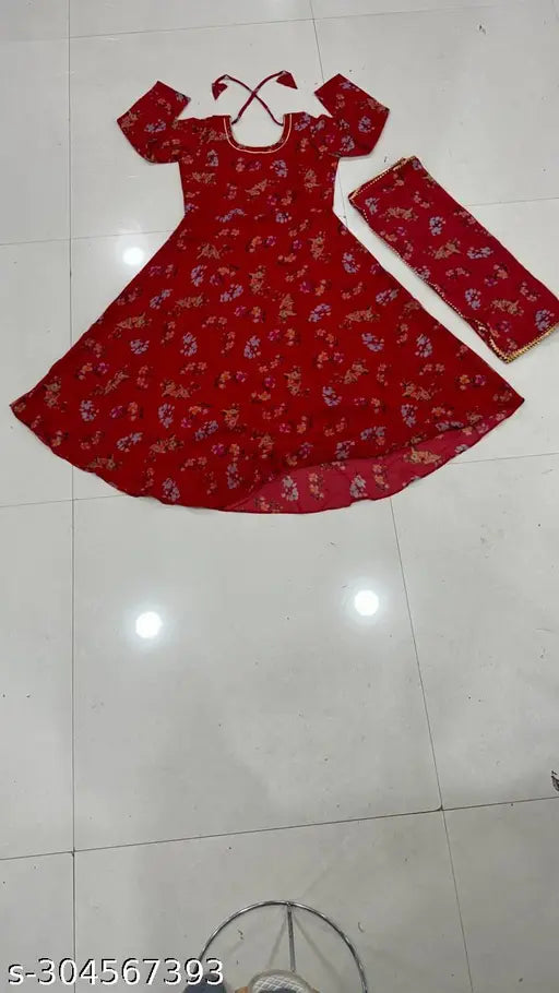 Long red dupatta skirt with faux georgette pattern, possibly cotton
