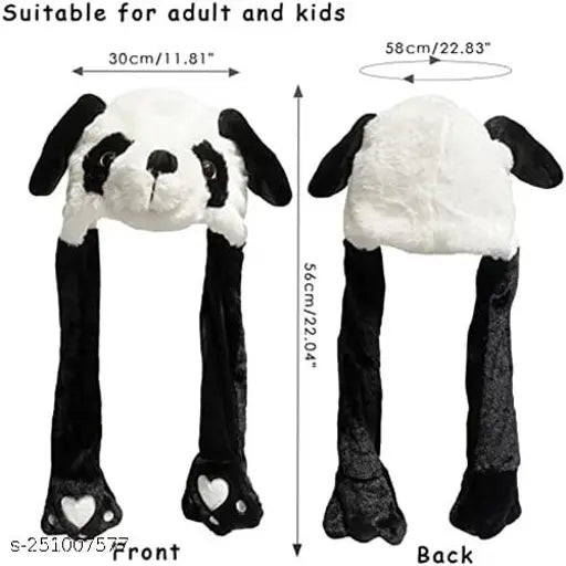 A plush panda hat with ear movement and LED glowing headwear, resembling a bunny cap, suitable for women and girls aged 8 years. The hat is predominantly black and white. It features two ears that move and LED lights on the headband. This is a novelty product designed to add fun to party wear or everyday casual wear. The material appears soft and comfortable, making it an ideal choice for festive occasions or light-hearted gatherings