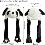 A plush panda hat with ear movement and LED glowing headwear, resembling a bunny cap, suitable for women and girls aged 8 years. The hat is predominantly black and white. It features two ears that move and LED lights on the headband. This is a novelty product designed to add fun to party wear or everyday casual wear. The material appears soft and comfortable, making it an ideal choice for festive occasions or light-hearted gatherings