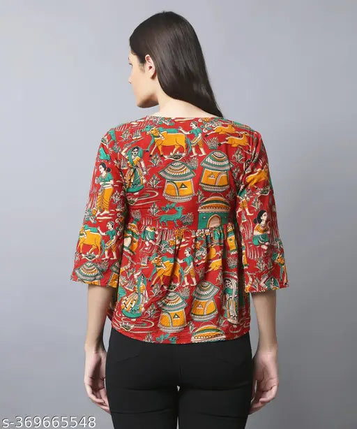 Kalamkari printed cotton women's top, empire waist, adjustable tie-up detail. Breathable, versatile, and perfect for summer wear