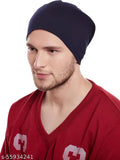 Navy blue cotton beanie cap by Vimal Jonney, men's solid design from India