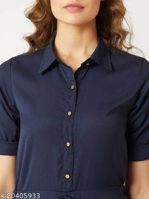 Navy blue crepe Miss Chase women's solid round neck jumpsuit with three-quarter sleeves, tie-up detailing