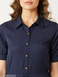 Navy blue crepe Miss Chase women's solid round neck jumpsuit with three-quarter sleeves, tie-up detailing