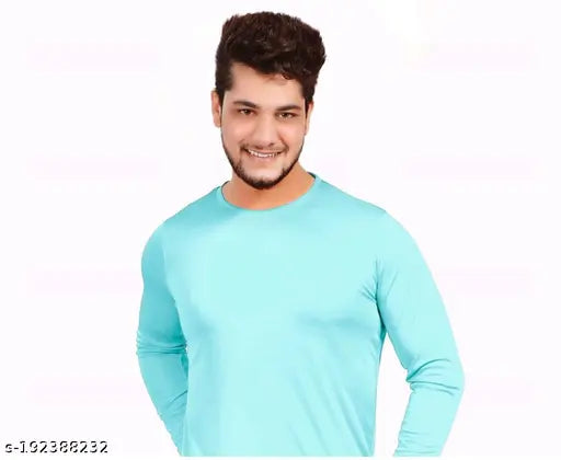 Turquoise striped long sleeved polyester t-shirt for men, comfortable hand washable F/S style from India