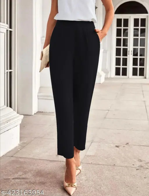 Black polyester blend trousers, casual style, mid waist, narrow cut, two side pockets
