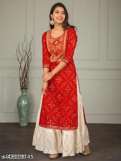 Red, long kameez with traditional embroidery and long sleeves