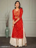 Red, long kameez with traditional embroidery and long sleeves