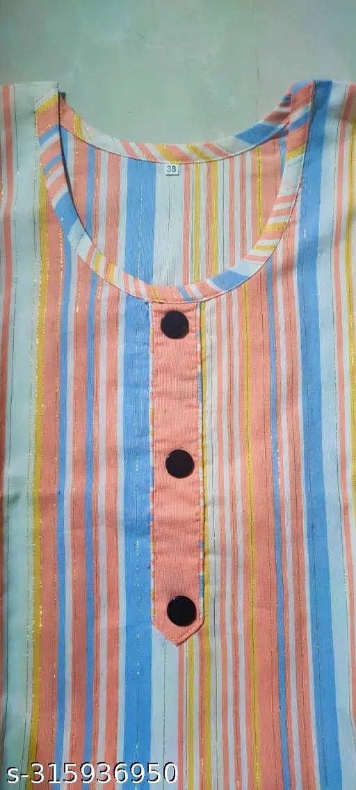 Multicolor stripe print round neck cotton kurta palazzo set for women, featuring three-quarter sleeves and relaxed fit palazzos. Perfect for various occasions, made in India