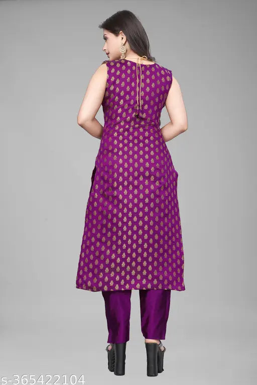 Banarasi silk woven design kurta set with matching taffeta pants, side-attached sleeves and elastic fitting pents, single size available, made in India