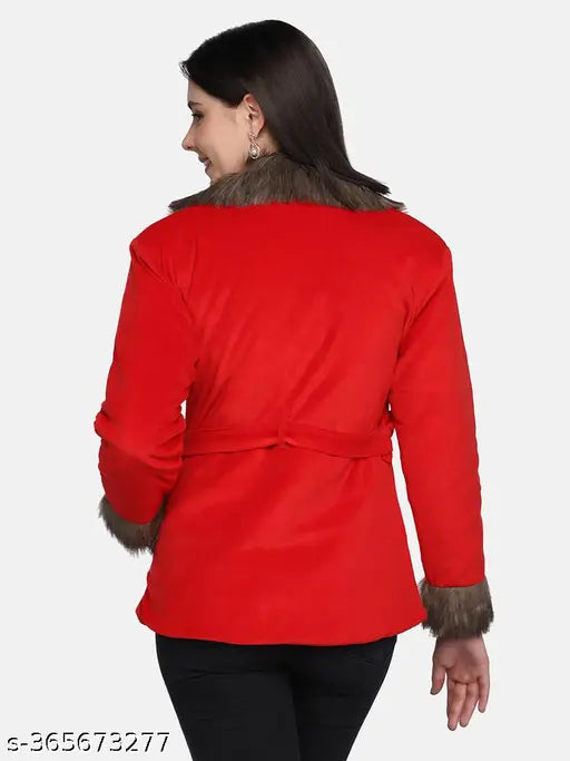 Red velvet women's winter jacket with fur collar, long sleeves, and belted button closure. Imported velvet fabric, two pockets, gentle wash. Size S (38in bust, 28in length)