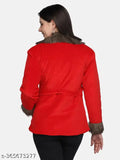 Red velvet women's winter jacket with fur collar, long sleeves, and belted button closure. Imported velvet fabric, two pockets, gentle wash. Size S (38in bust, 28in length)