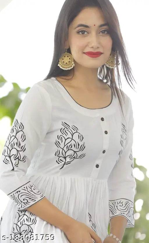 Women's rayon hand block printed long flair Anarkali kurti, three-quarter sleeves, vibrant hues, size S (36in bust, 50in length) - Indian fashion