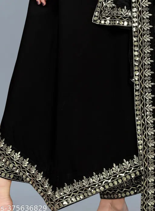 Black cotton silk kurta palazzo set with dupatta, solid design, sleeveless, stitched net, for women's fashion occasions