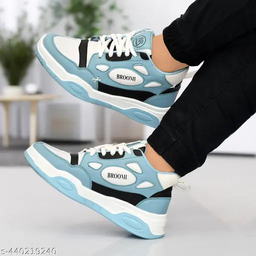 White, black, and blue sneakers with high tops for men