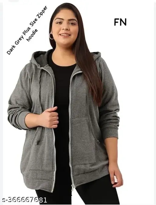 Dark grey fleece zipper hoodie, stylish plus size for women, solid pattern, long sleeves, India origin