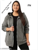 Dark grey fleece zipper hoodie, stylish plus size for women, solid pattern, long sleeves, India origin