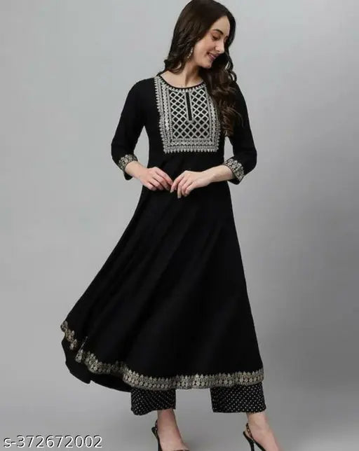 Black rayon anarkali kurti set with dupatta on mannequin